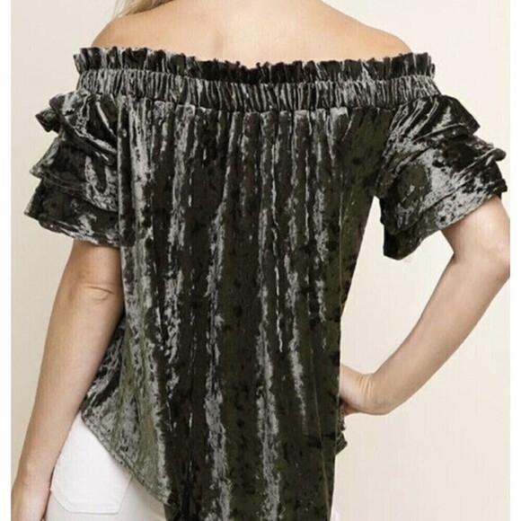NWT Umgee Green Olive Velvet Off Shoulder Top Blouse Size Large - Picture 3 of 11